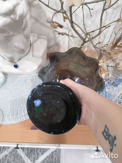 Ваза для фруктов на ножке цветное стекло СССР