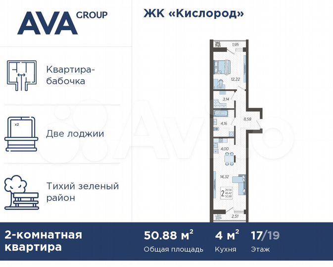 2-к. квартира, 50,9 м², 17/19 эт.