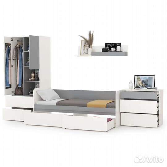 Мебель молодёжная с кроватью с ящиками Торонто № 19, цвет белый шагрень/стальной серый, шхгхв 354х84