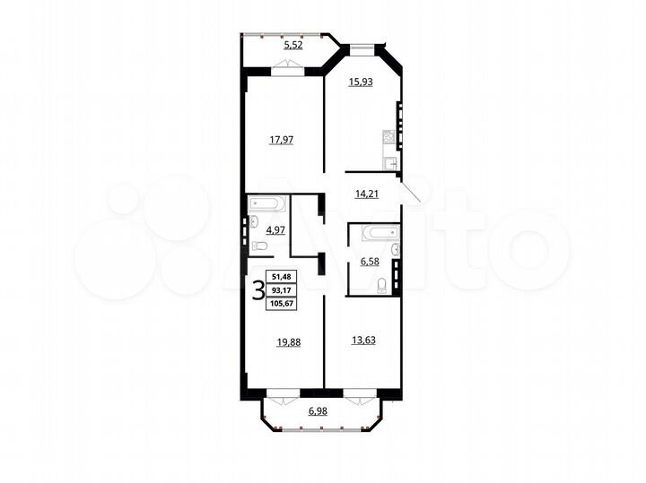 3-к. квартира, 105 м², 3/7 эт.