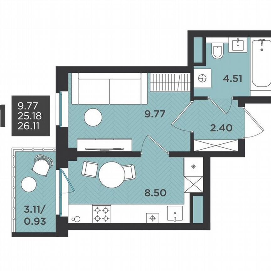 1-к. квартира, 26,1 м², 4/4 эт.