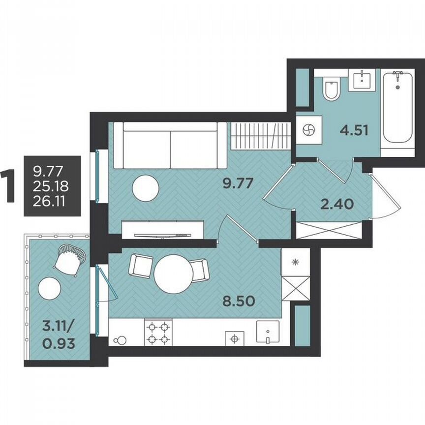 1-к. квартира, 26,1 м², 4/4 эт.