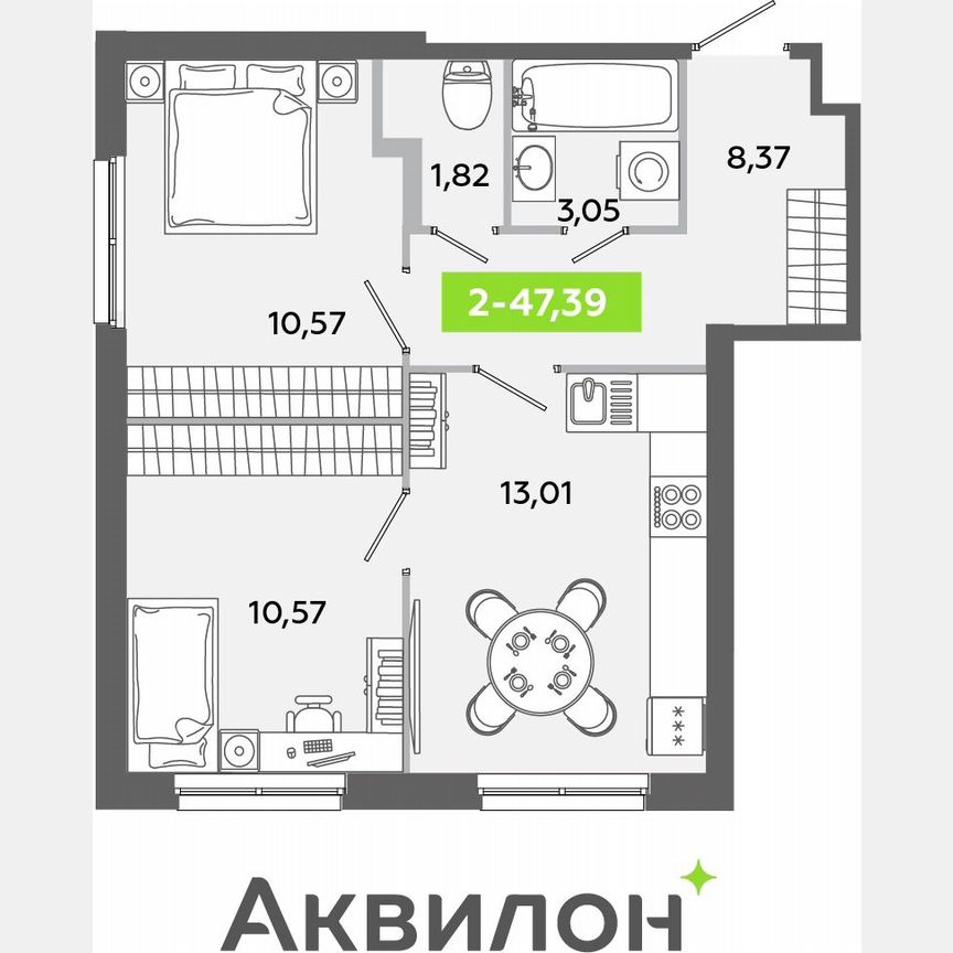 2-к. квартира, 47,4 м², 1/12 эт.
