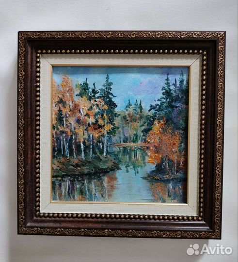 Квадратная картина в раме пейзаж лес. Масло