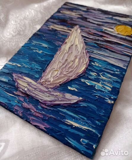 Парусник картина маслом на бумаге миниатюра