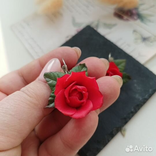 Серьги Красная роза. Ручная работа