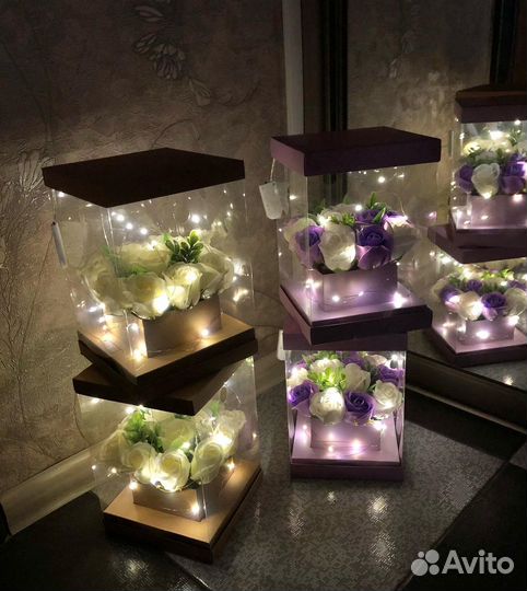 Коробка мыльных роз с подсветкой
