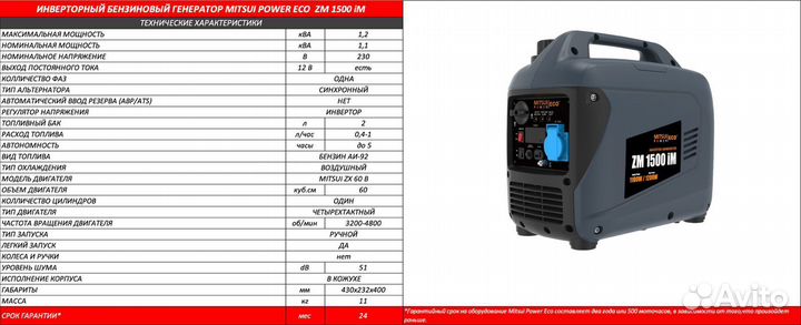 Инверторный генератор 1,1 кВт Mitsui ZM 1500 iM