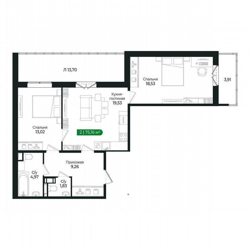 2-к. квартира, 75,2 м², 6/8 эт.