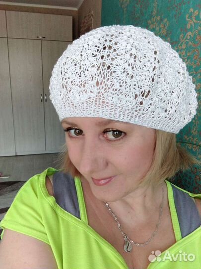 Береты из хлопка, ажурные - ручной работы