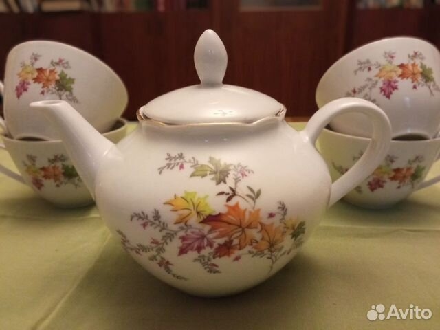 Чайник и чашки с кленами, с кленовым рисунком, ГДР