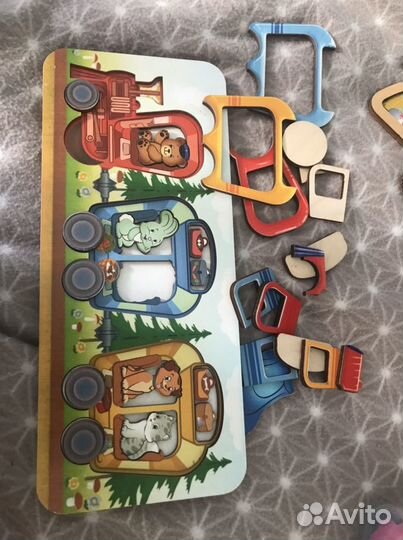 Паровозик деревянный пазл котики