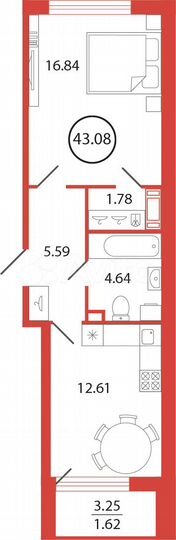 1-к. квартира, 43,1 м², 4/12 эт.