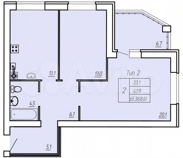 2-к. квартира, 68,6 м², 7/9 эт.