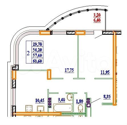 2-к. квартира, 60,5 м², 6/11 эт.