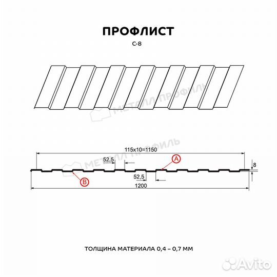 Профнастил (м2) С-8 А Полиэстер 0,4 мм, Цвет Ral 5005, Покрытие Полиэстер, Толщина металла 0,4 мм