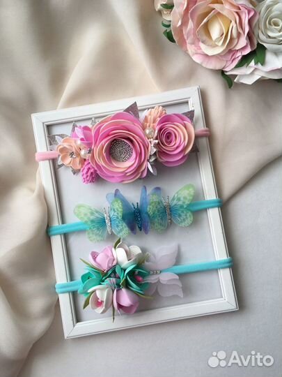 Повязка ободок весенний цветочный с бабочками