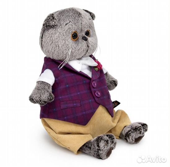 Кот Басик 30 см в бордовом жилете с розой