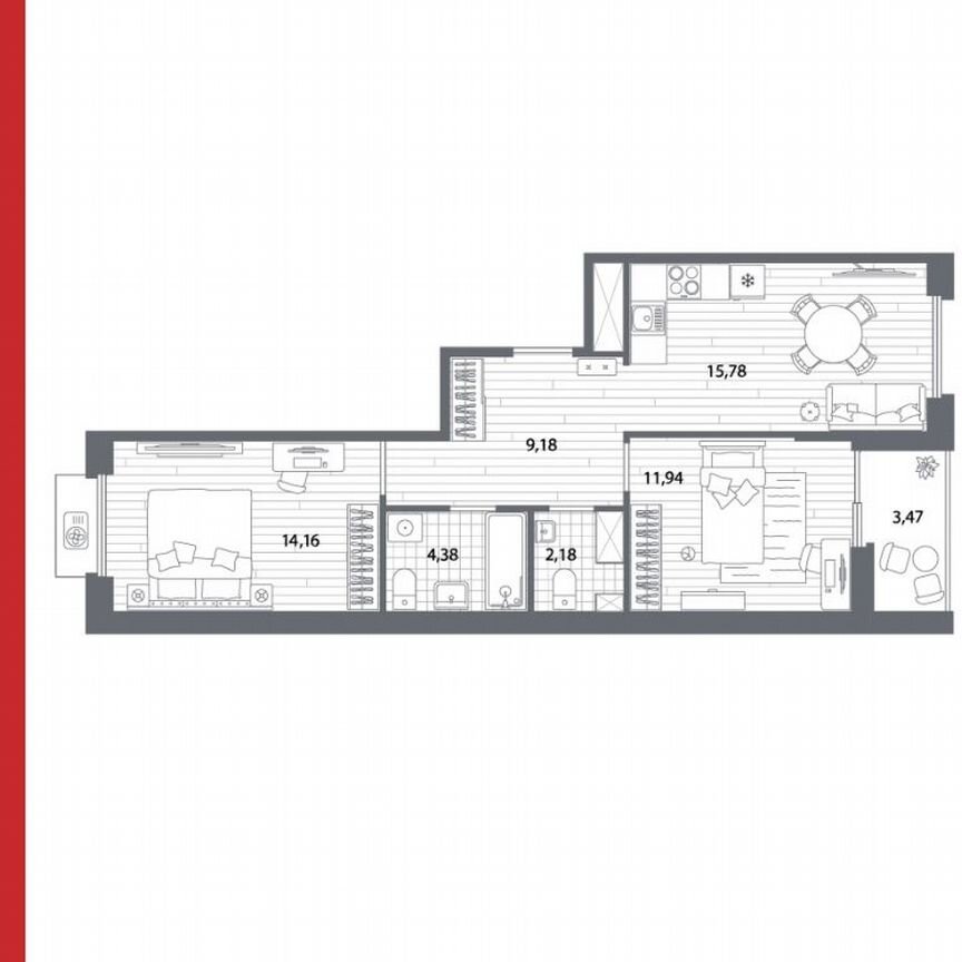 2-к. квартира, 59,4 м², 9/13 эт.