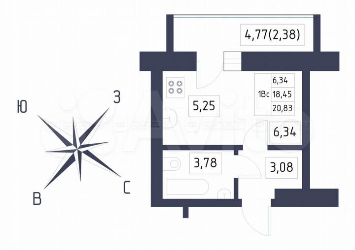 1-к. квартира, 20,8 м², 2/5 эт.