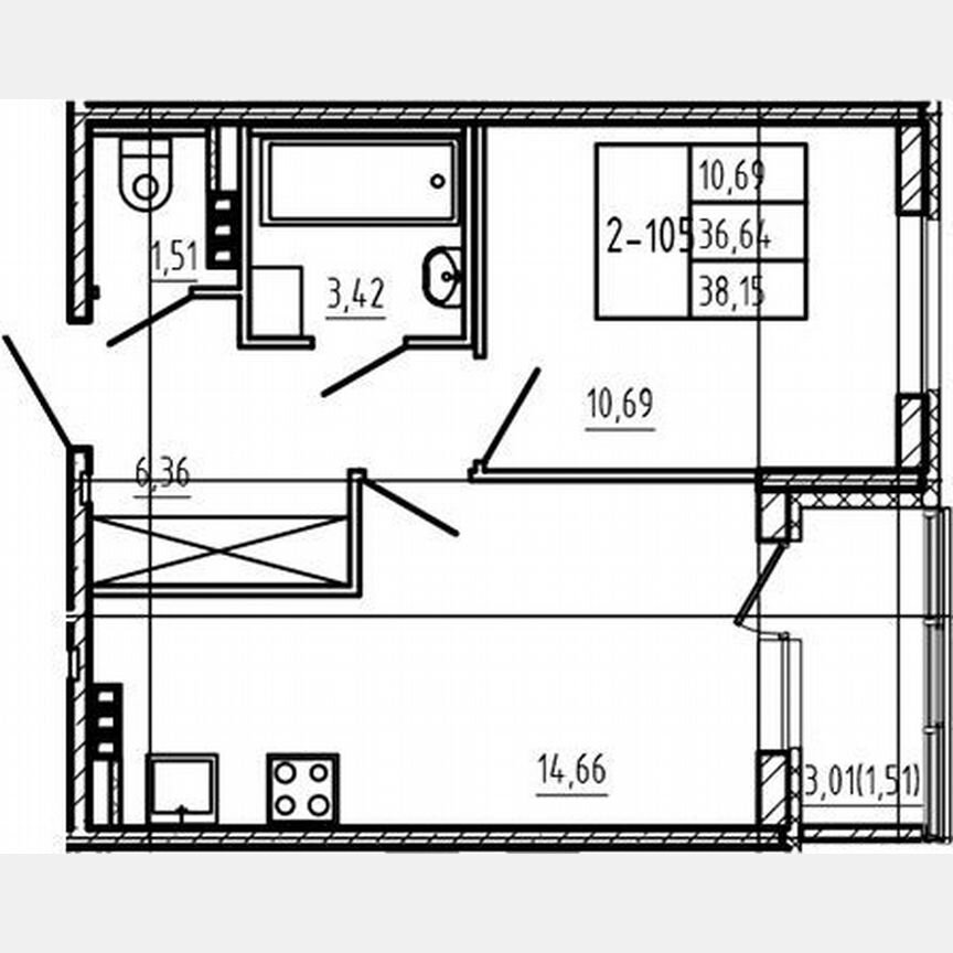 1-к. квартира, 36,4 м², 4/4 эт.