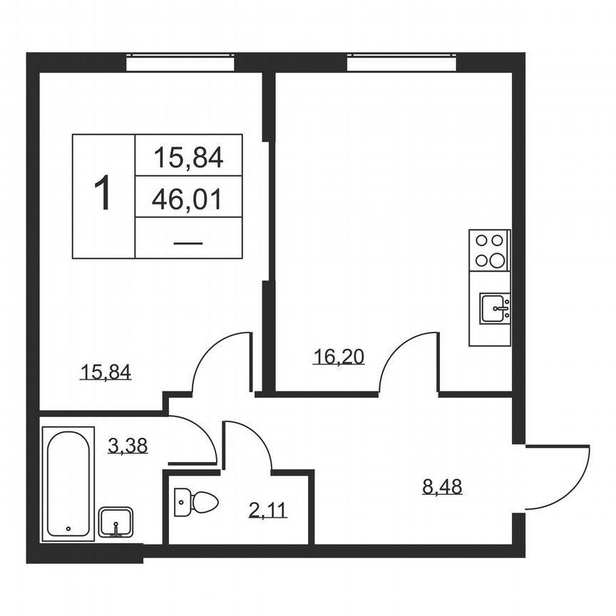 1-к. квартира, 46 м², 2/19 эт.