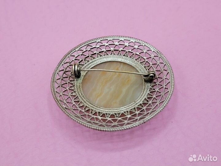 Брошь скань зернь камень Оникс 50 мм чфхи