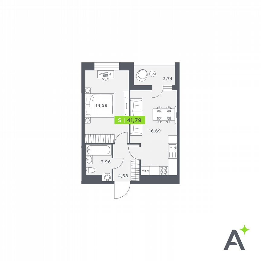 1-к. квартира, 41,8 м², 2/12 эт.