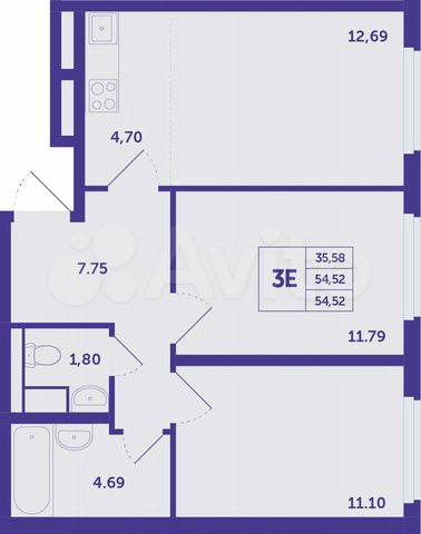 3-к. квартира, 54,5 м², 22/25 эт.