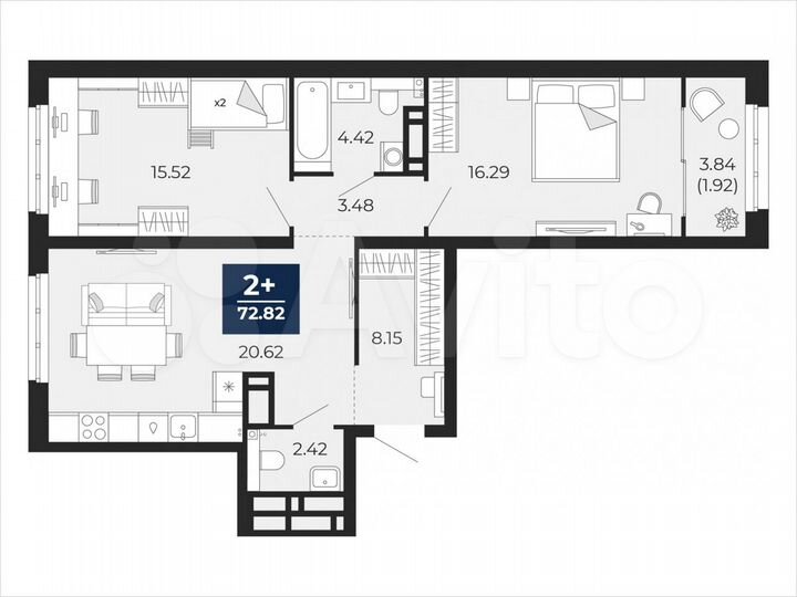 2-к. квартира, 72,8 м², 17/22 эт.