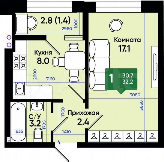 1-к. квартира, 32,2 м², 2/3 эт.
