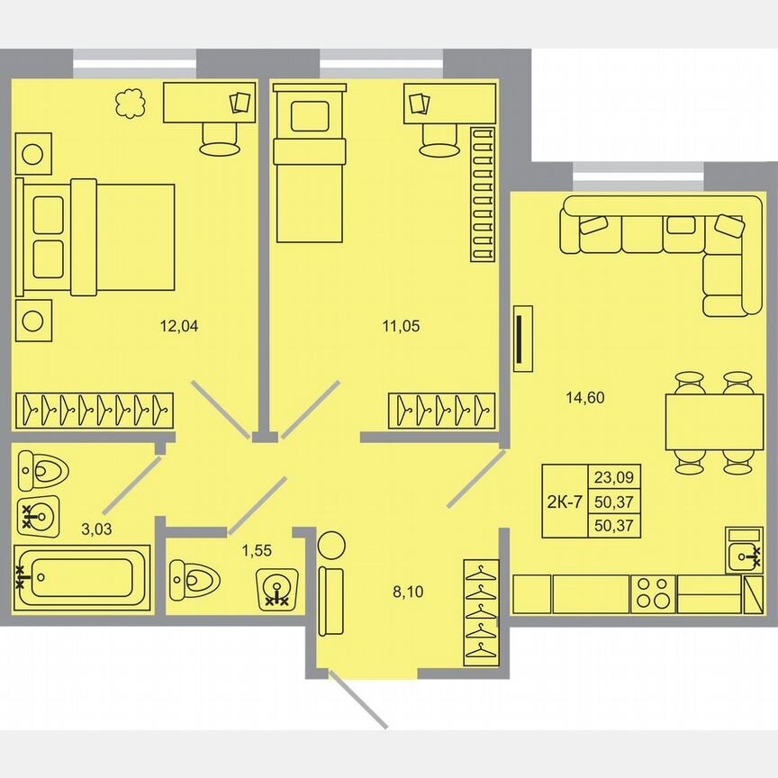 2-к. квартира, 50,4 м², 1/17 эт.