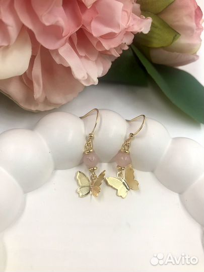 Серьги с натуральным кварцем бабочки