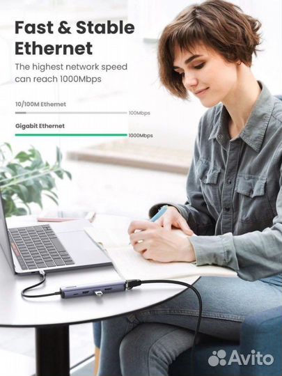 Usb хаб type c ugreen CM418 RJ45, PD