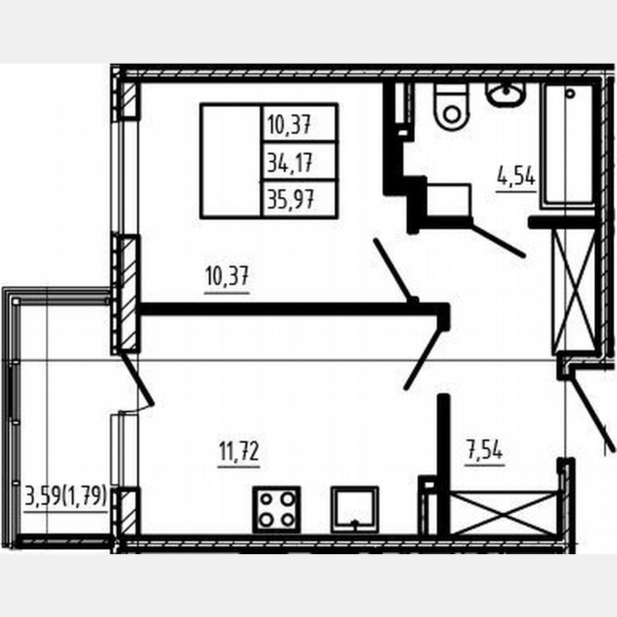 1-к. квартира, 34,4 м², 2/4 эт.