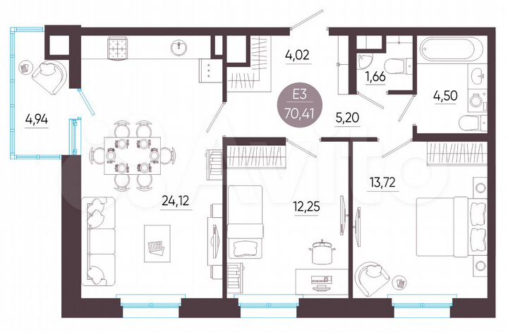 2-к. квартира, 70,4 м², 2/10 эт.