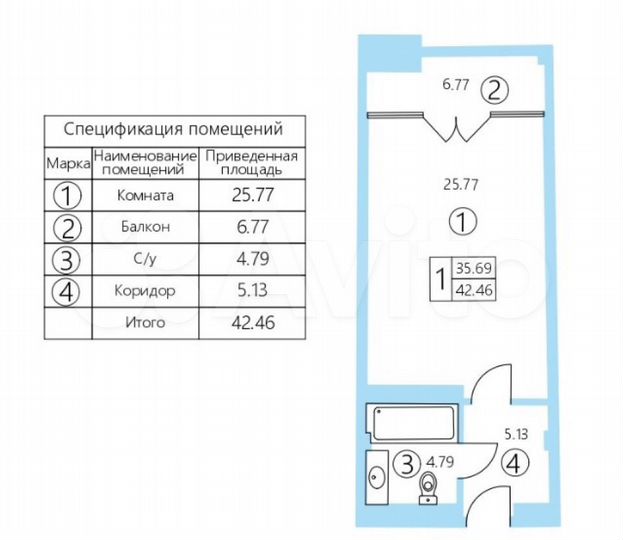 Апартаменты-студия, 42,5 м², 3/8 эт.