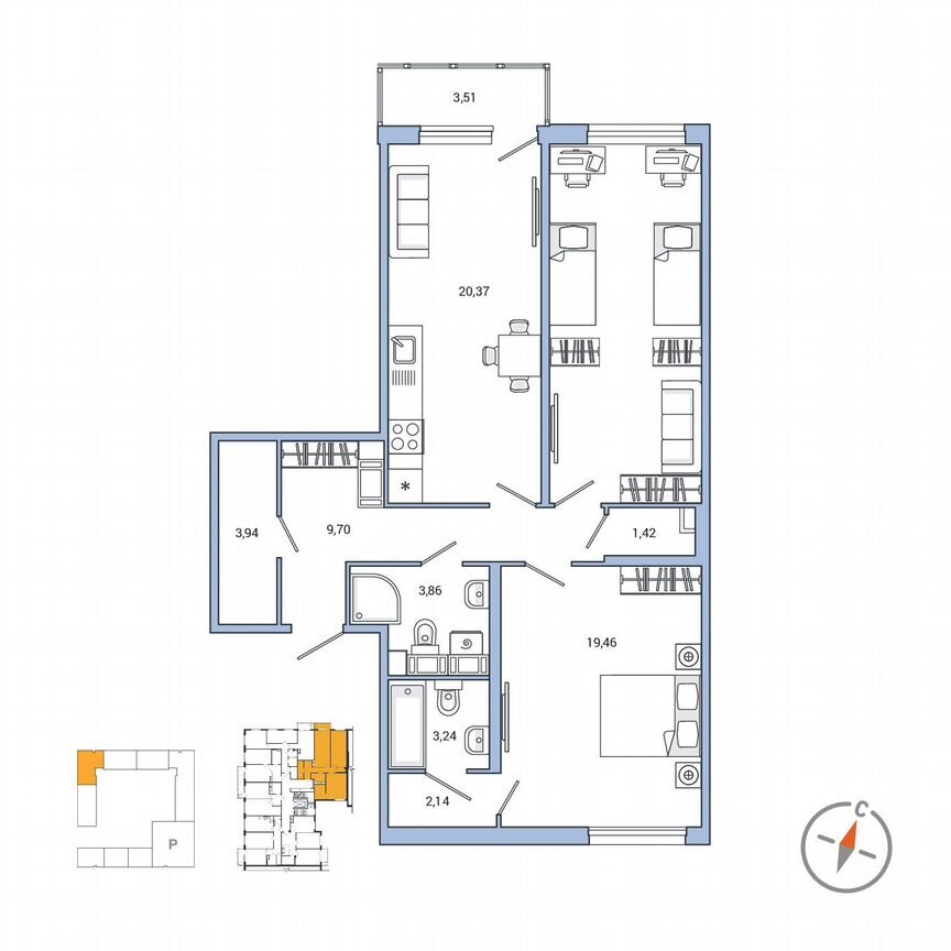 2-к. квартира, 87,1 м², 6/7 эт.