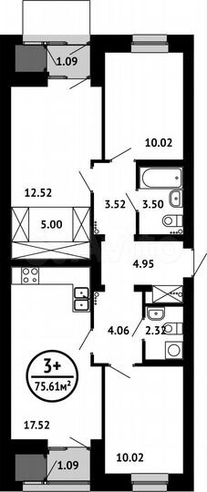 3-к. квартира, 75,6 м², 1/6 эт.