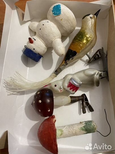 Елочные игрушки СССР на прищепке ватный снеговик