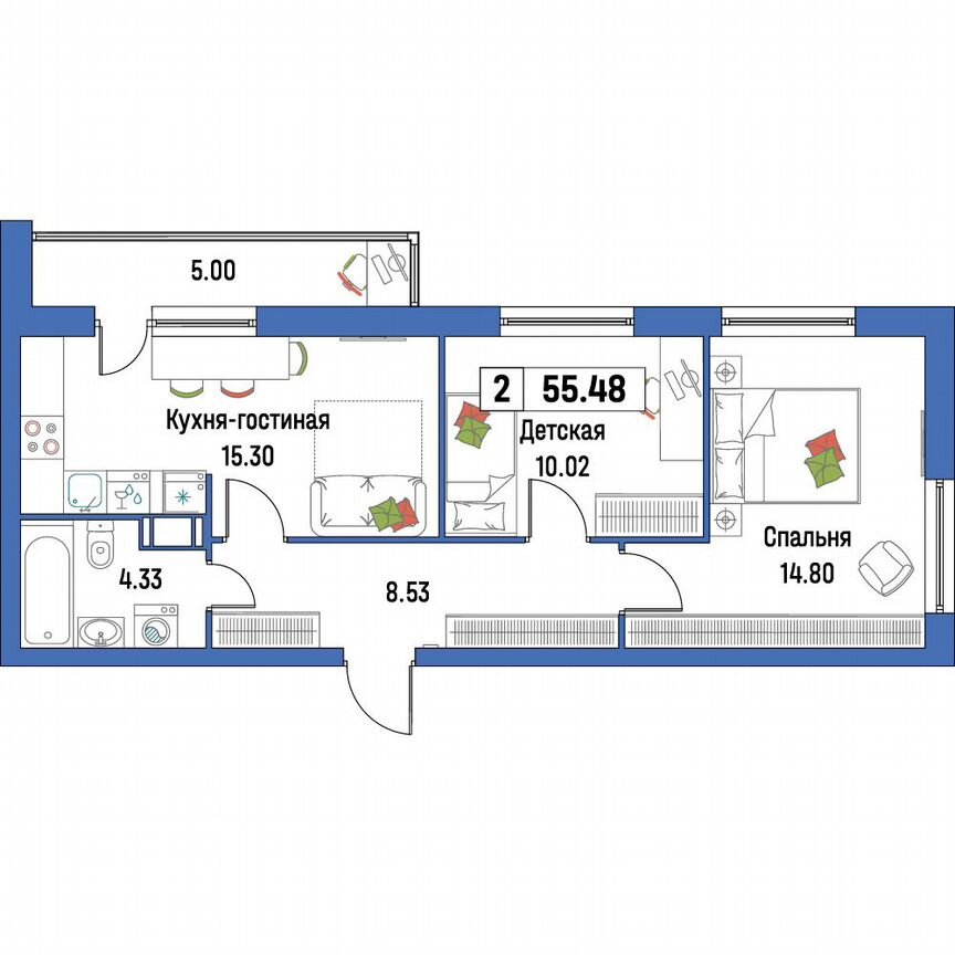 2-к. квартира, 55,5 м², 3/16 эт.