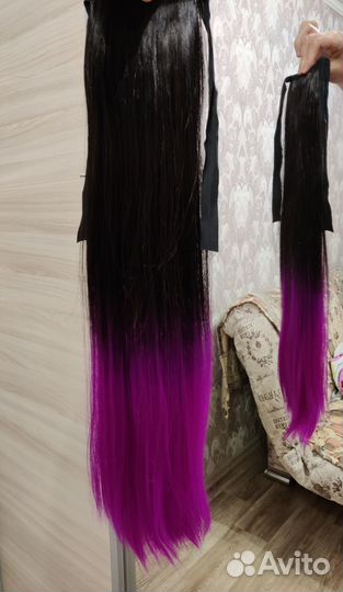 Двухцветный накладной хвост шиньон на ленте