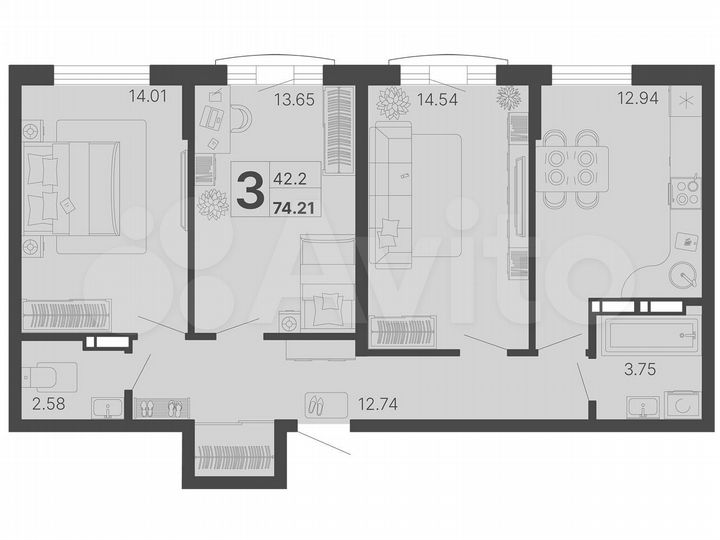 2-к. квартира, 69,3 м², 9/20 эт.