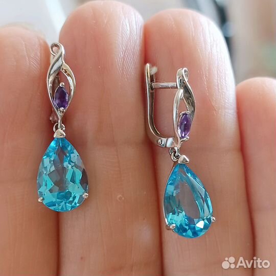Мюз Золотые серьги-подвески топазы, аметисты