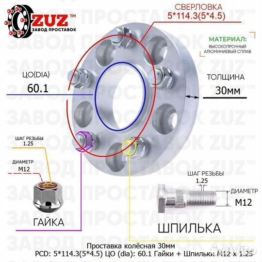 Проставка для дисков 1 шт 30мм: 5*114.3(5*4.5) цо