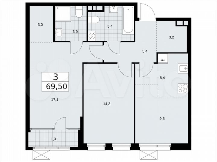 3-к. квартира, 69,5 м², 4/16 эт.