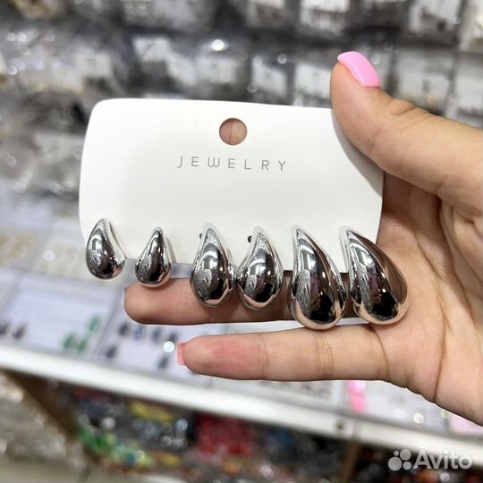 Серьги капли Bottega, сердце комплект из трех