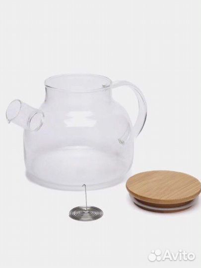 Заварочный чайник с бамбуковой крышкой стеклянный