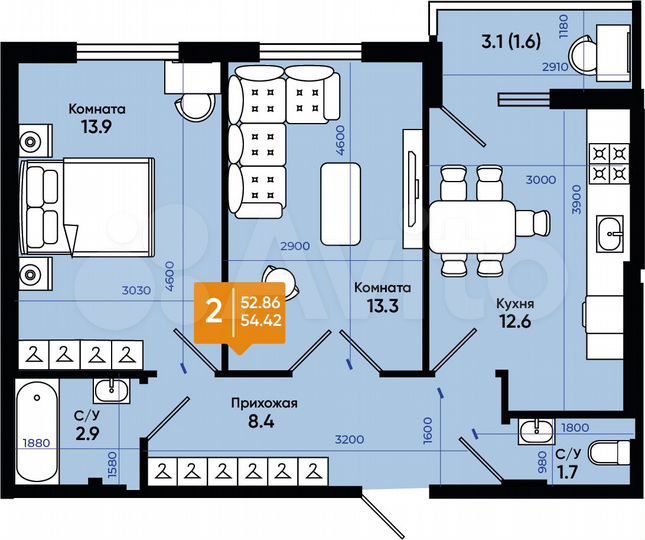 2-к. квартира, 54,4 м², 5/9 эт.