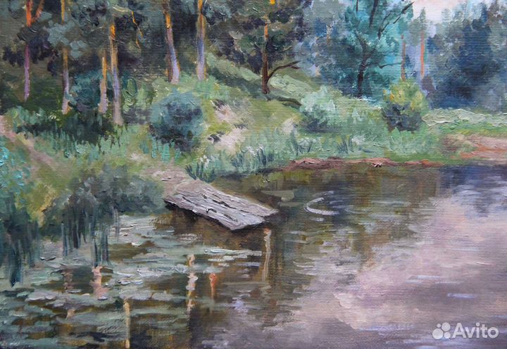 Картина маслом Русский пейзаж Лесное озеро